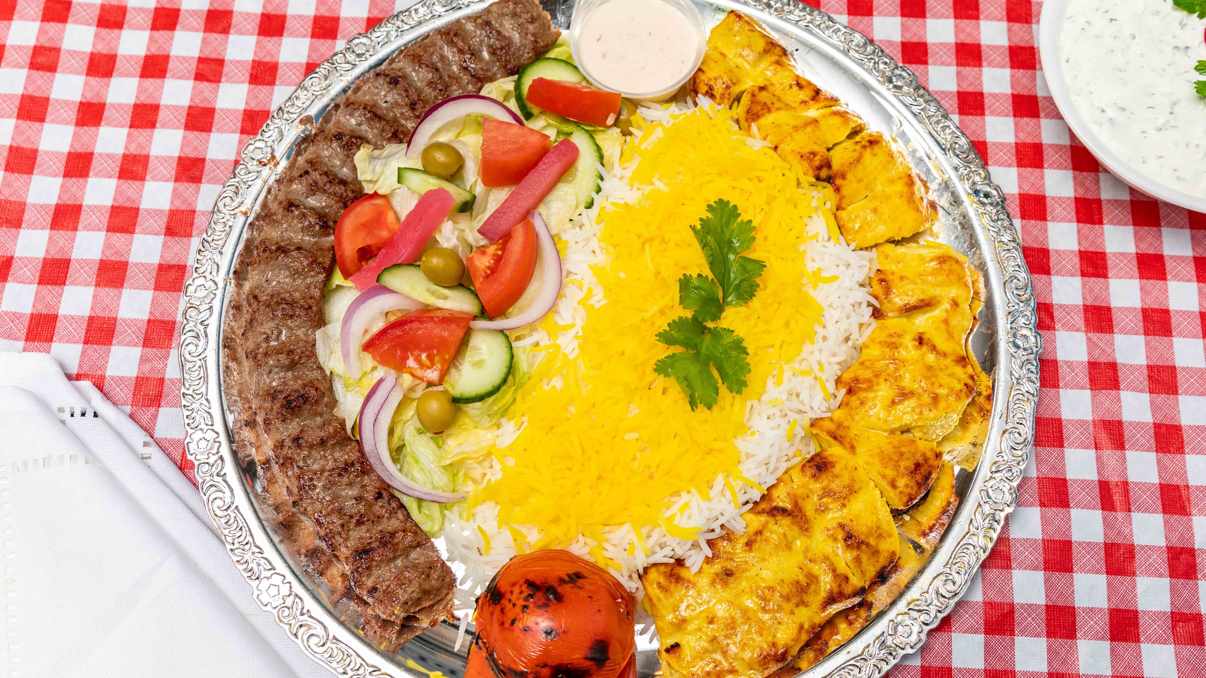 Chicken and Koobideh kebab with rice and salad